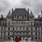 a large building with a large heart in front of it