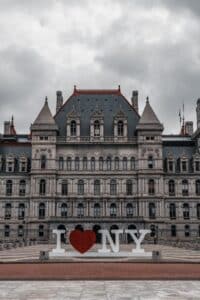 a large building with a large heart in front of it
