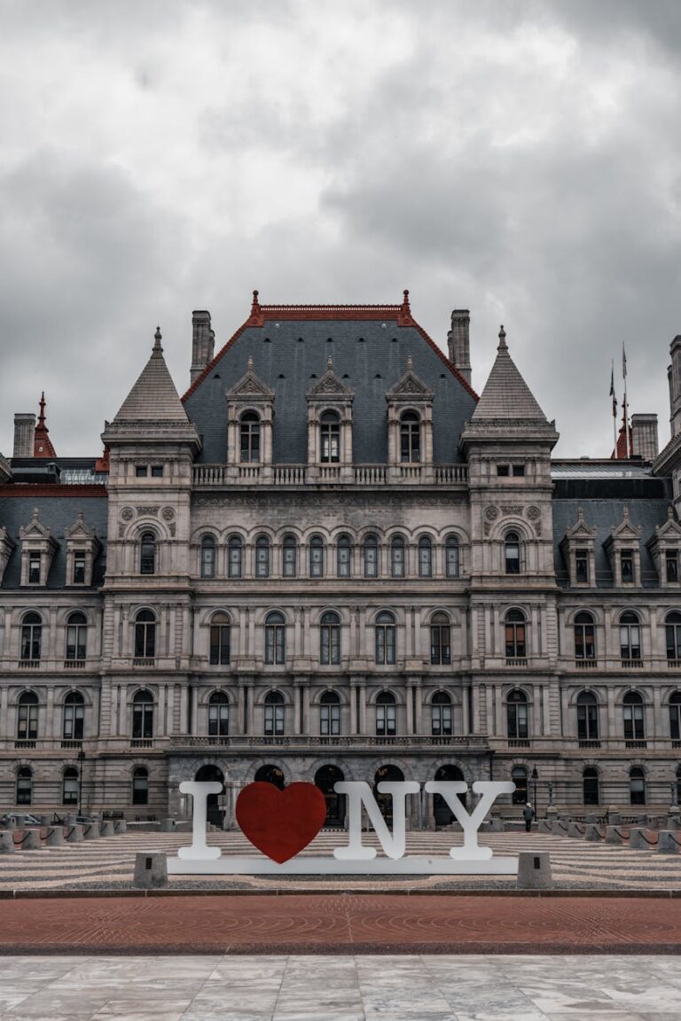 a large building with a large heart in front of it