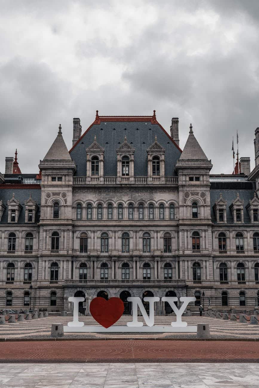 a large building with a large heart in front of it